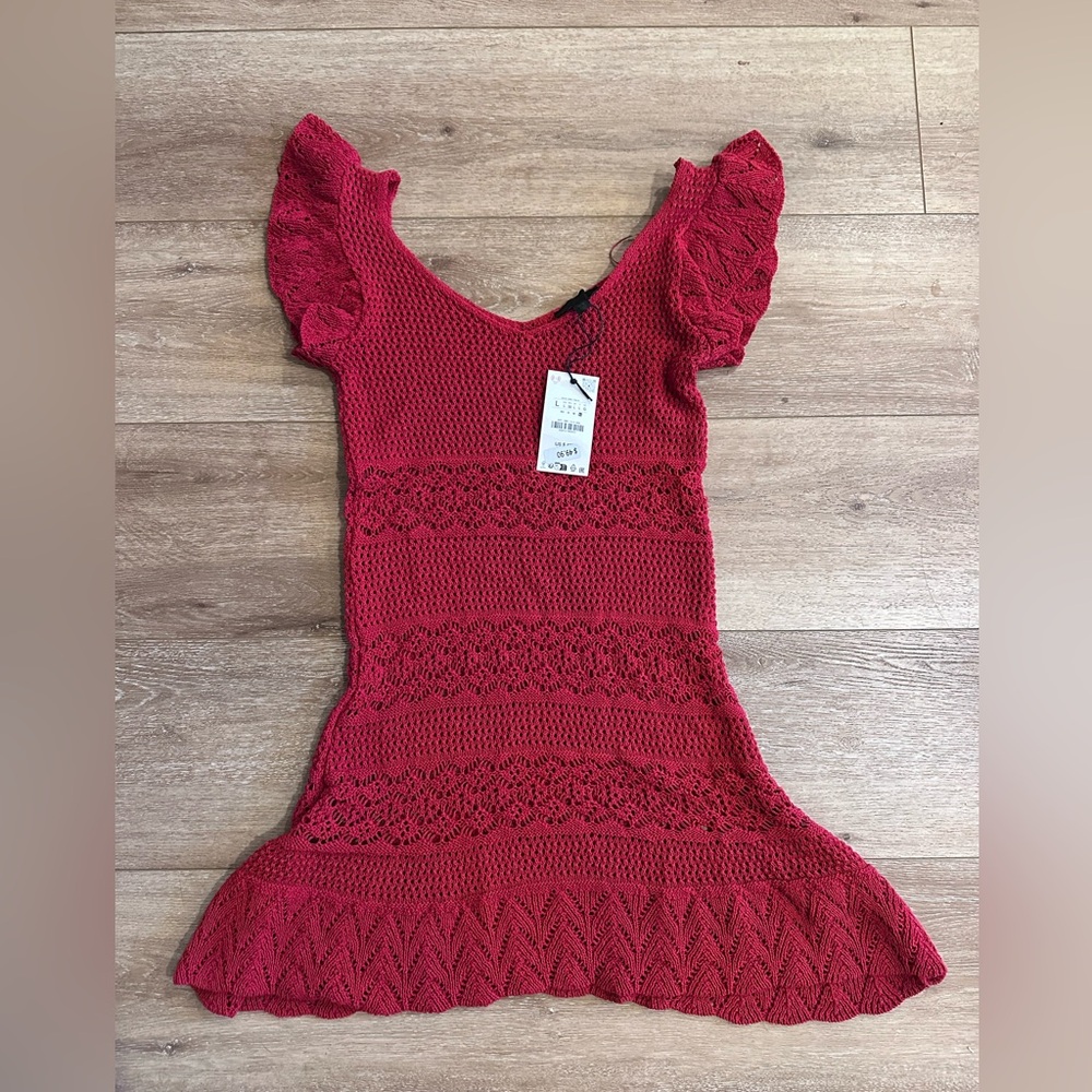 ZARA Red Crochet Dress with Flutter Sleeves